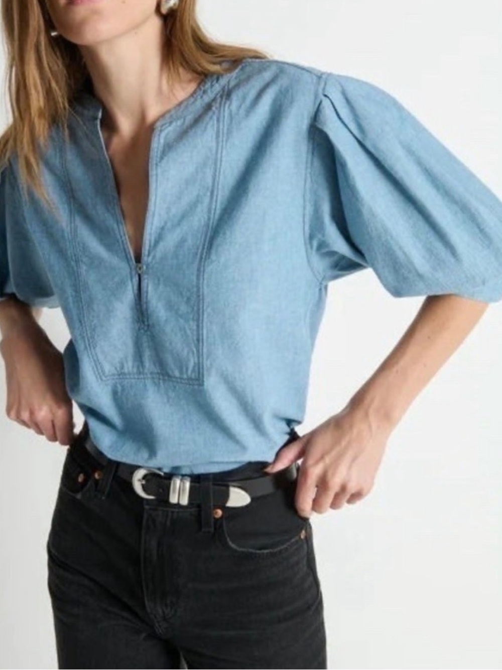 Nation LTD | Emmett Chambray Denim Puff Sleeve Top